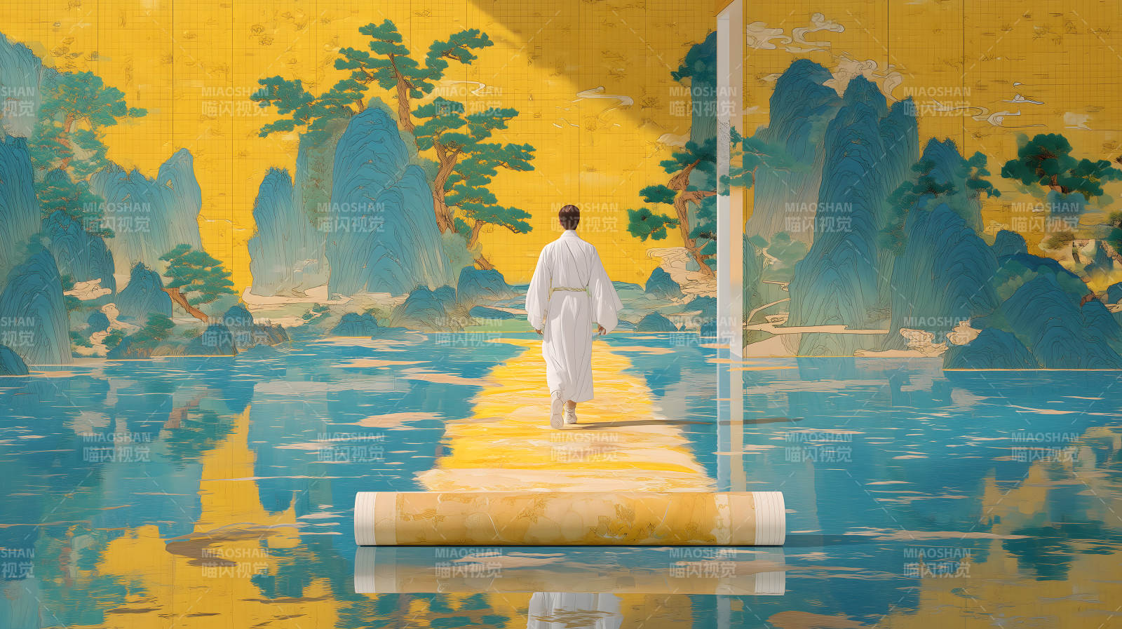 长袍背影风景画图片