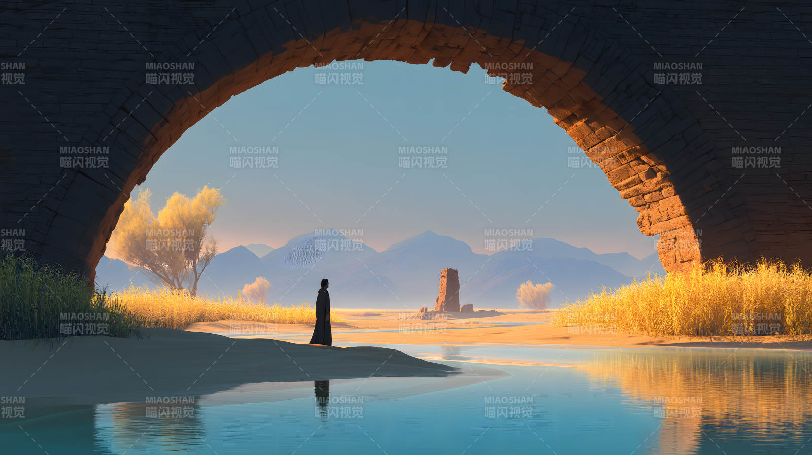 拱橋下的靜謐風景-圖片