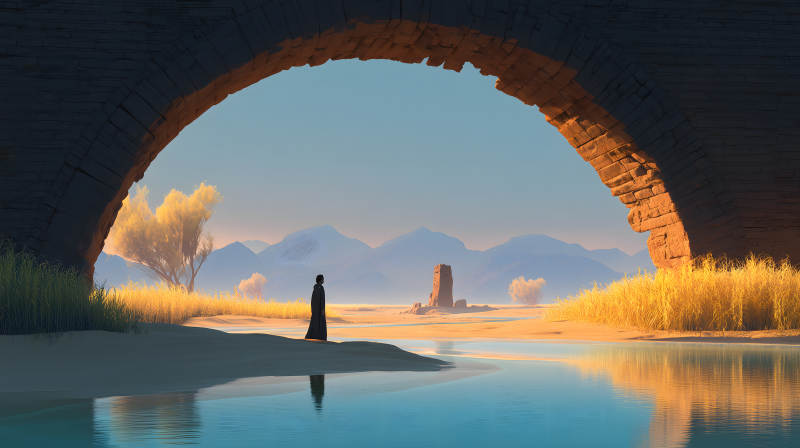 拱橋下的靜謐風景-圖片