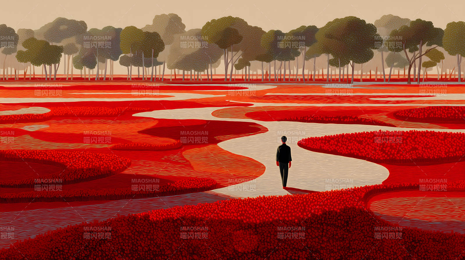 紅色世界中的孤獨行人-圖片