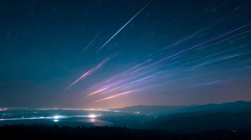 流星劃過夜空城市燈光-圖片