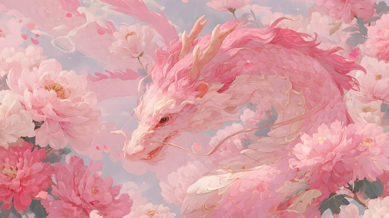 粉色巨龍與花海-圖片