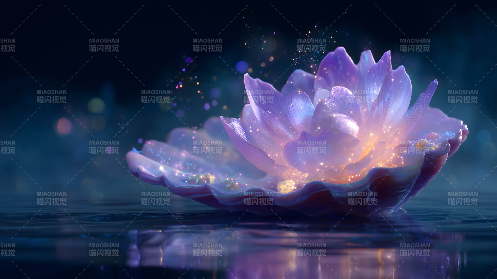 發光蓮花水面景象-圖片