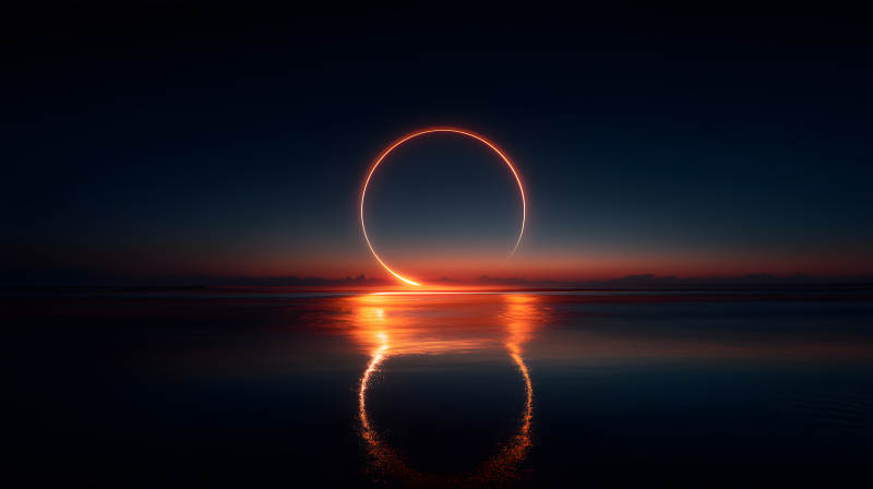 夜空光環倒影海面-圖片