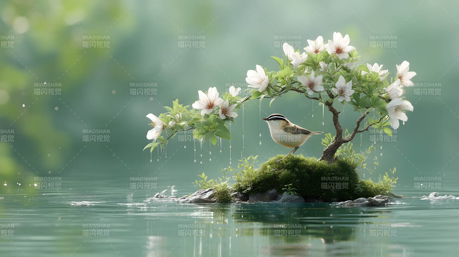 鳥兒棲息在水中盆景-圖片