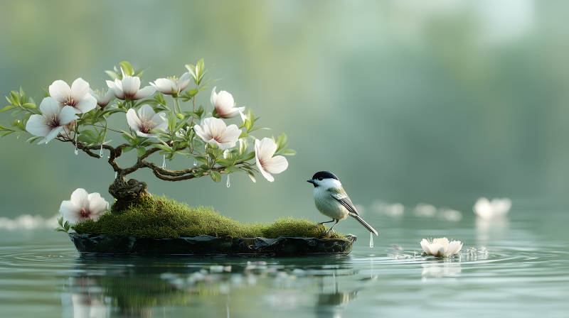 鳥兒與盆景-圖片