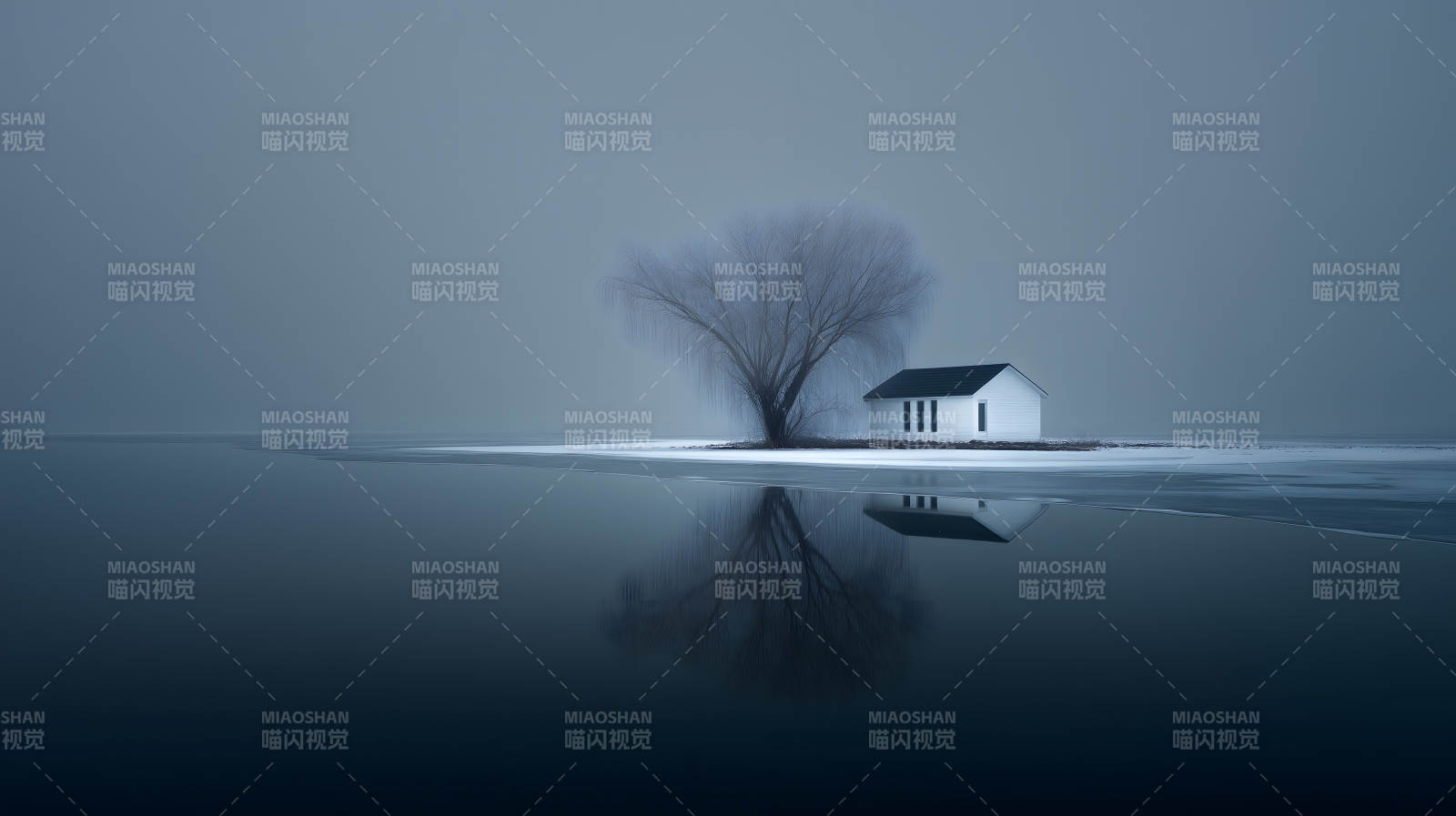 孤屋佇立水面倒影-圖片