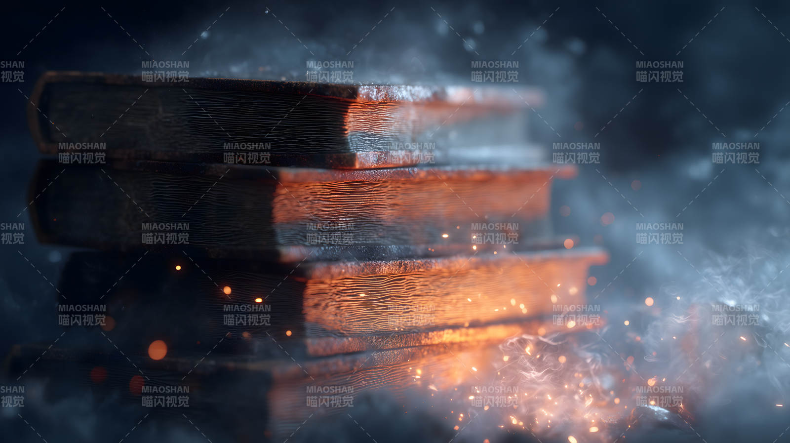 古老书籍堆叠燃光图片