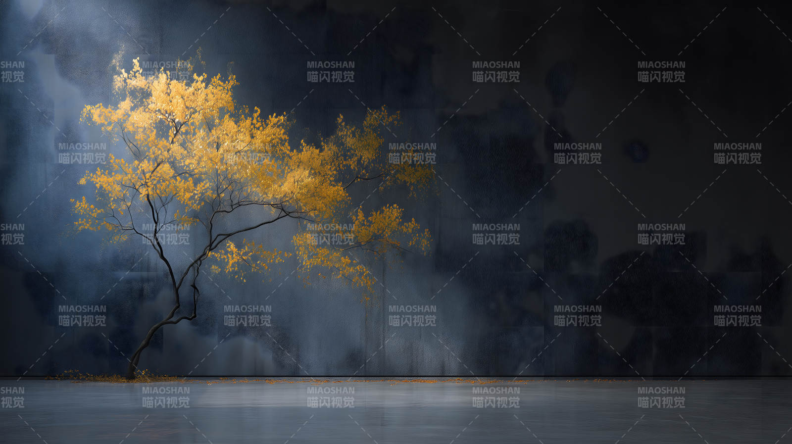 金黄树影深邃墙壁-图片