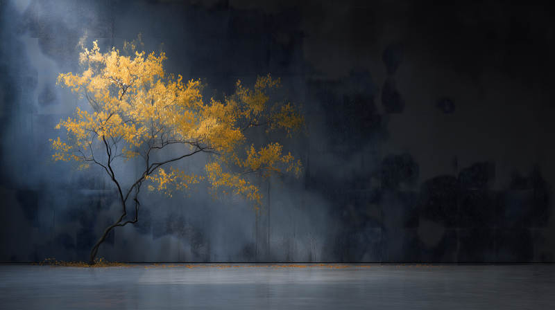 金黄树影深邃墙壁-图片