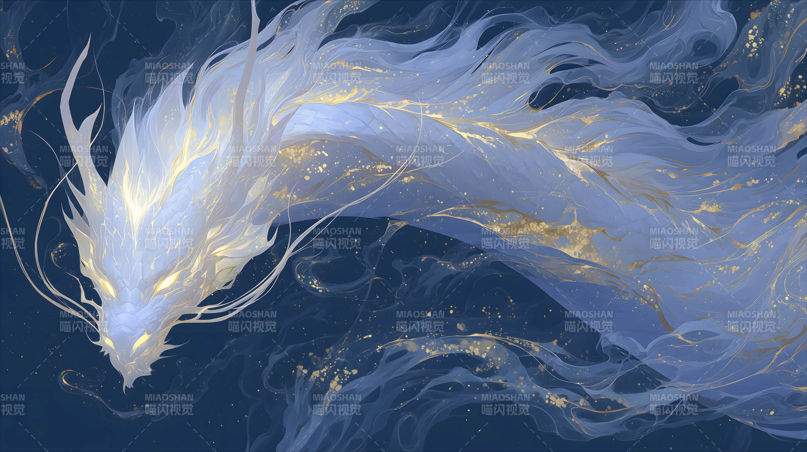水墨藍龍金色光芒-圖片