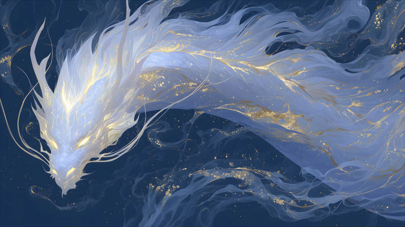水墨蓝龙金色光芒-图片