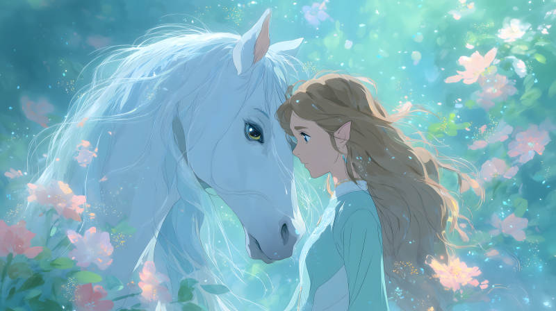 女孩与白马的梦幻图景-图片