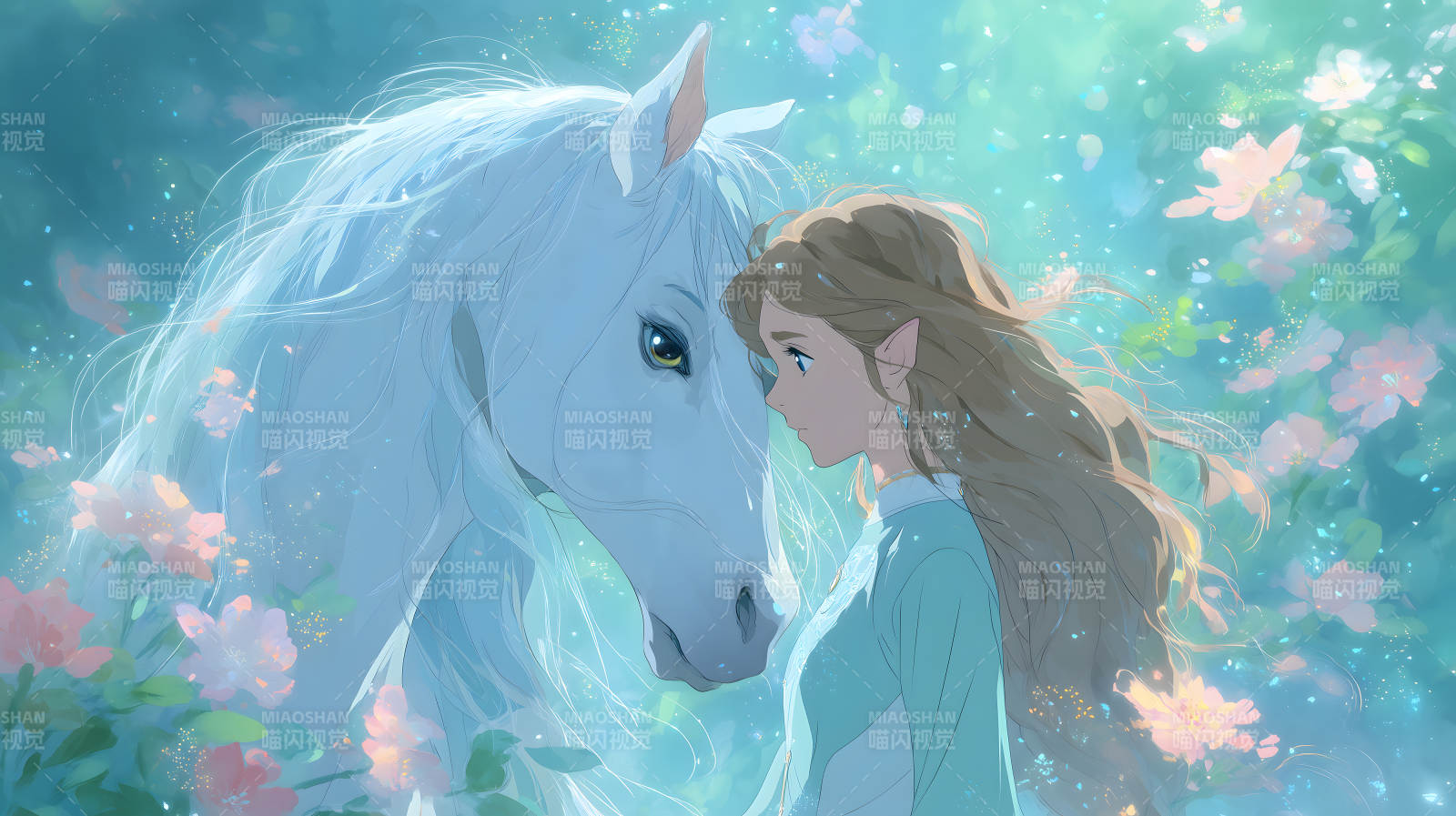 女孩与白马的梦幻图景图片