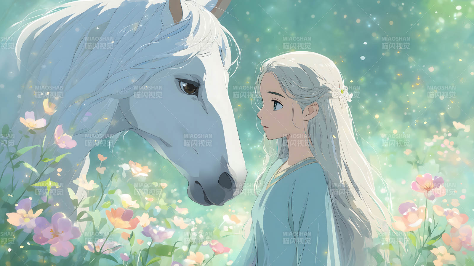 少女與白馬的夢幻景象圖片