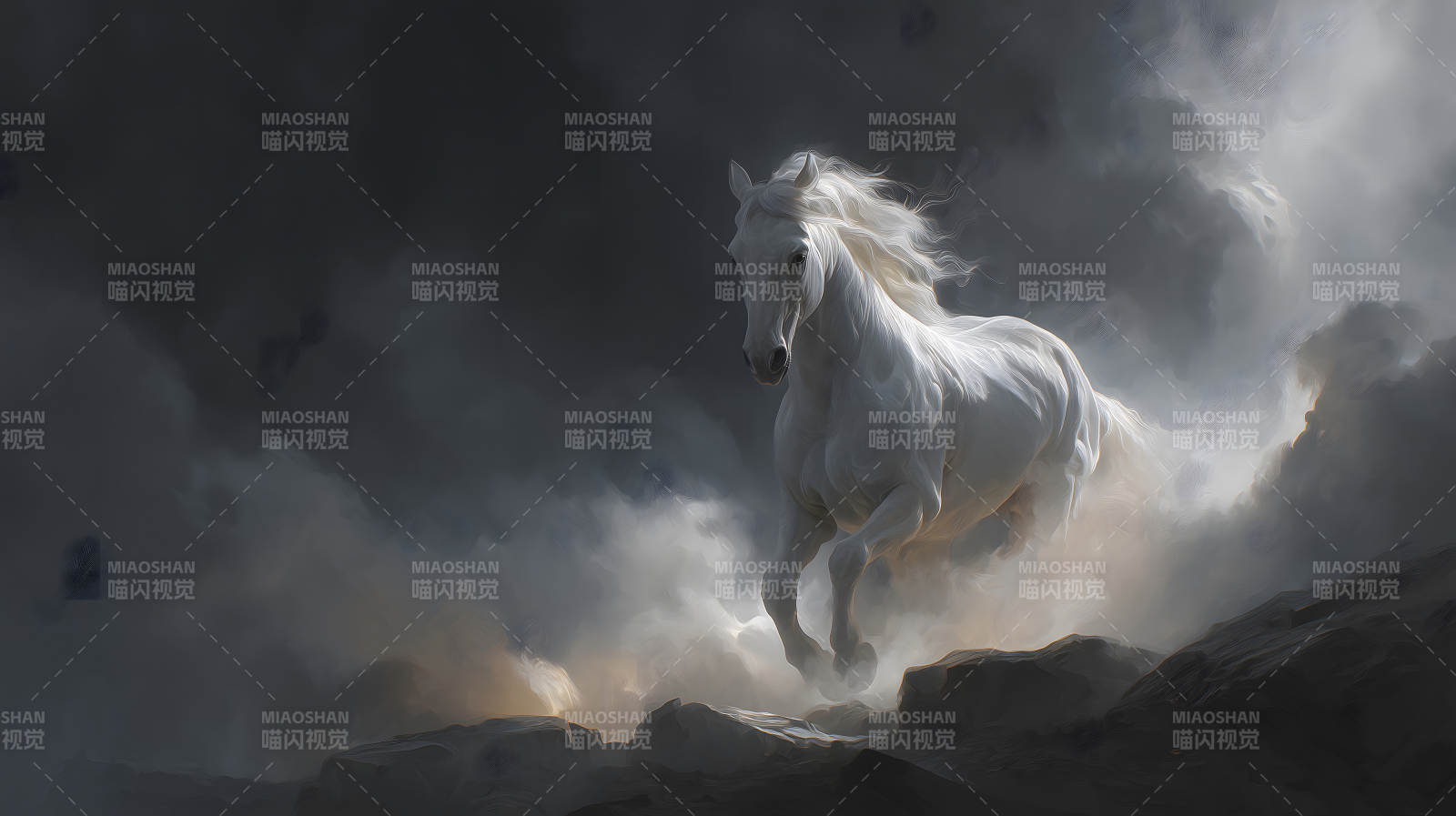 白马奔腾云雾缭绕-图片