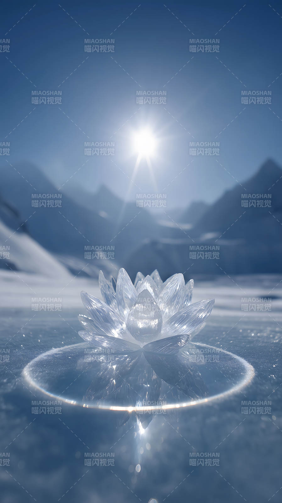 冰莲花在冰面发光图片