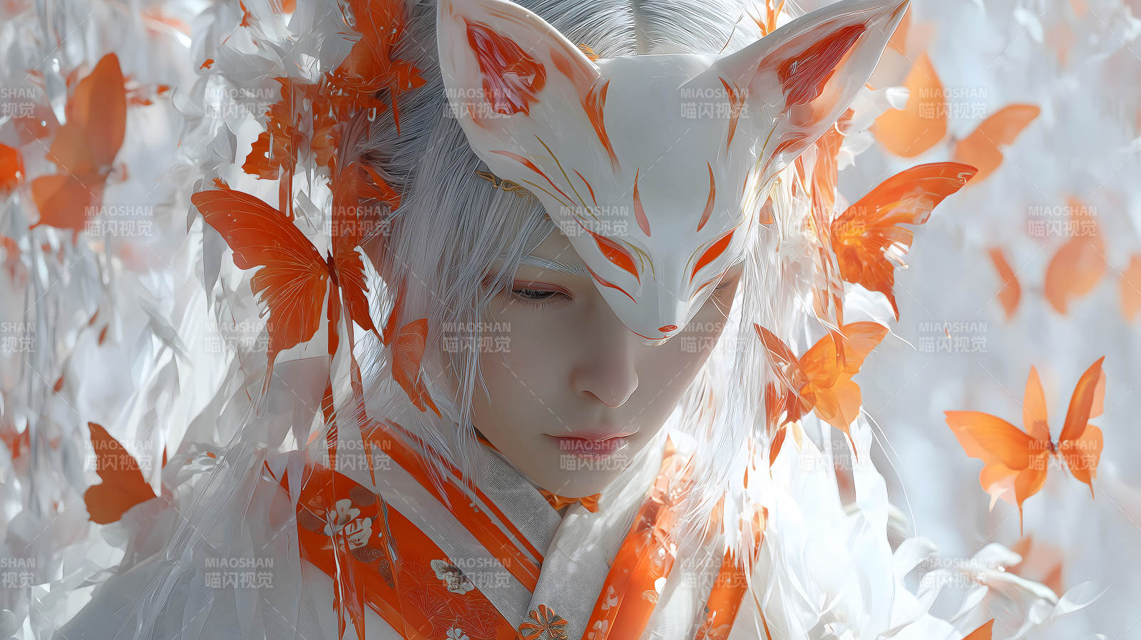 白狐面具少女蝴蝶飞舞-图片