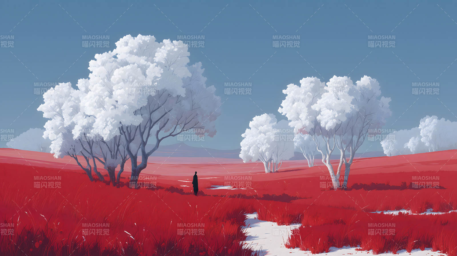 紅地白樹孤影-圖片