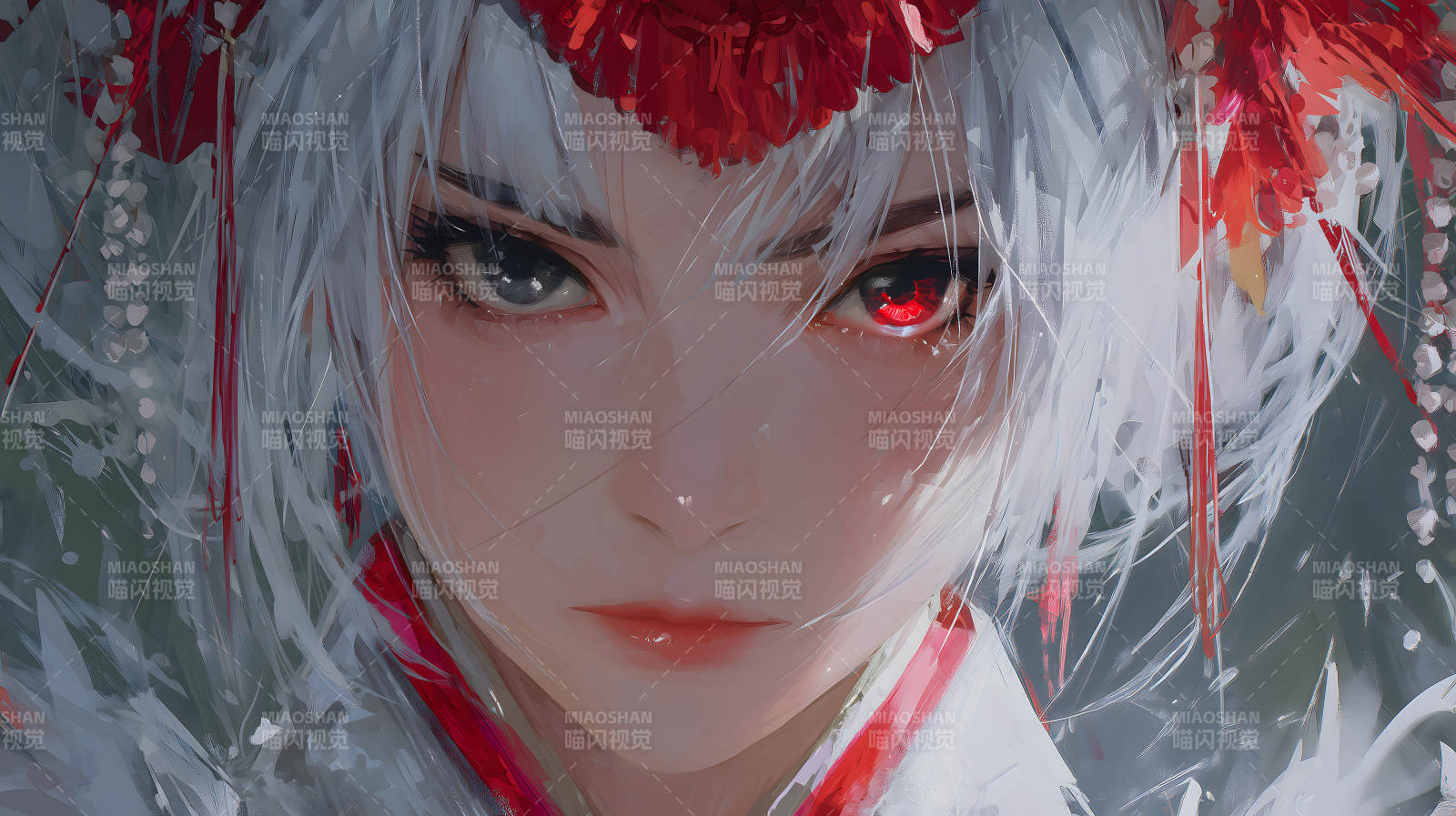 紅瞳白發少女特寫-圖片