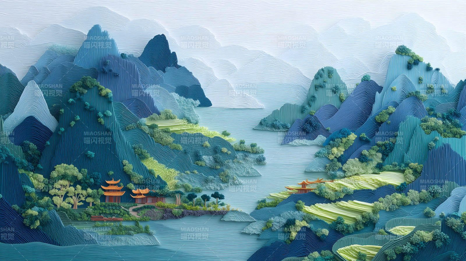 蓝色的山水画-图片