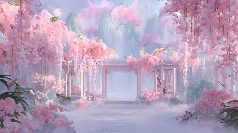 粉色櫻花仙境的夢幻-圖片