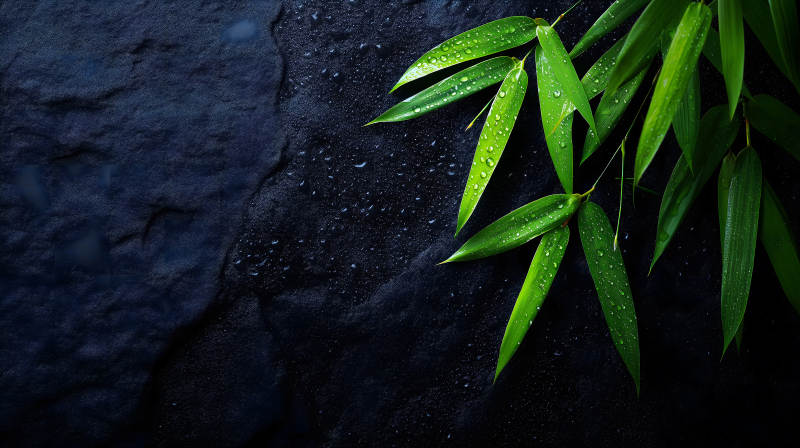 翠竹雨滴黑石背景-图片