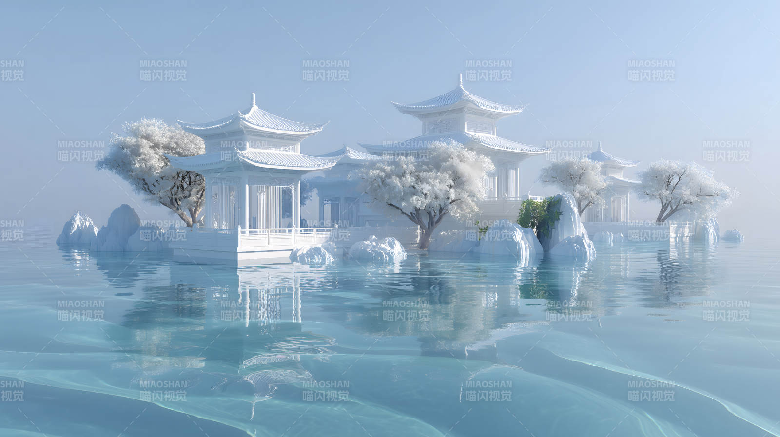 雪域仙境楼阁树木-图片