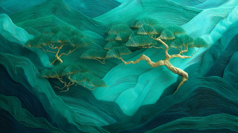 金色树木翡翠山水画-图片