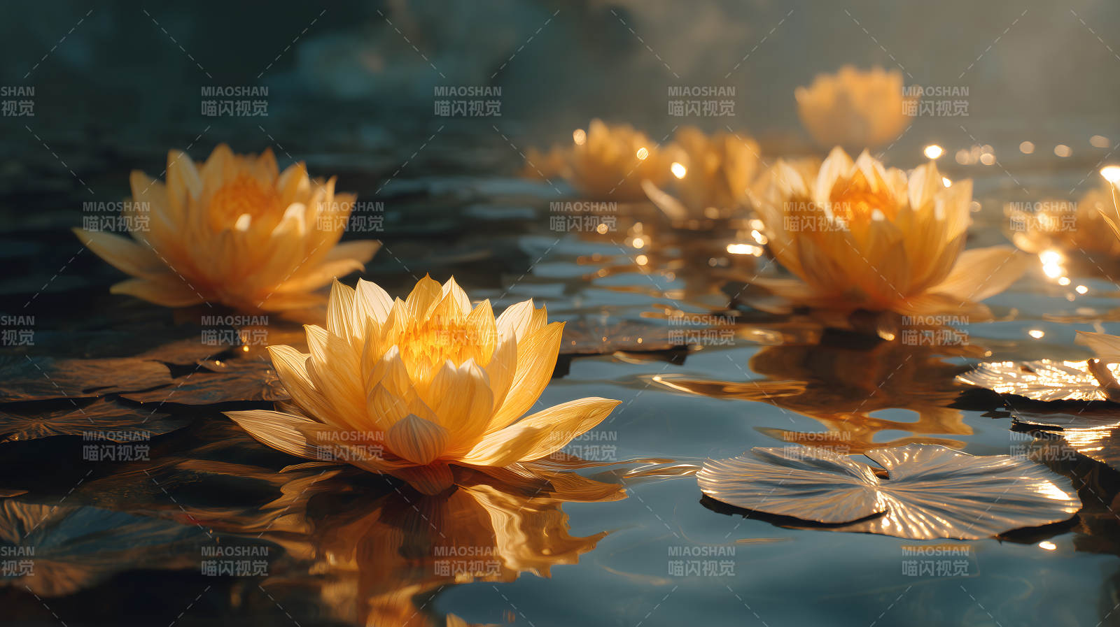 池塘蓮花光影交錯-圖片