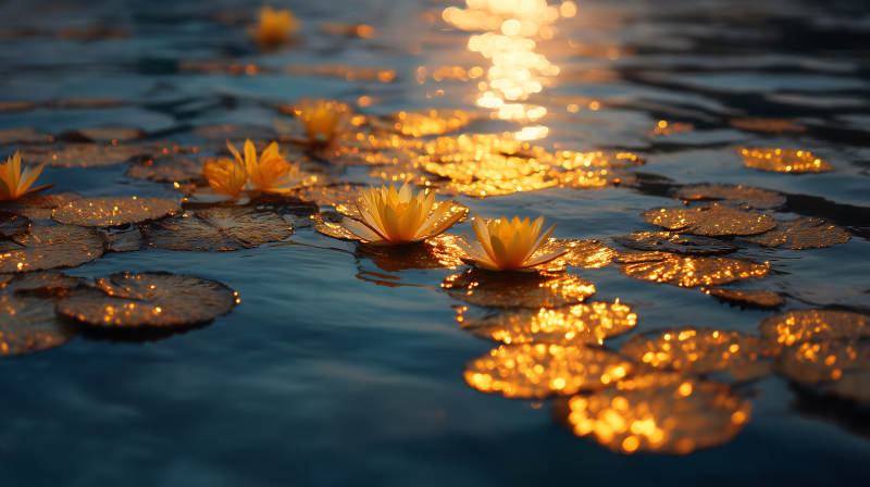 莲花绽放水中金光闪闪-图片