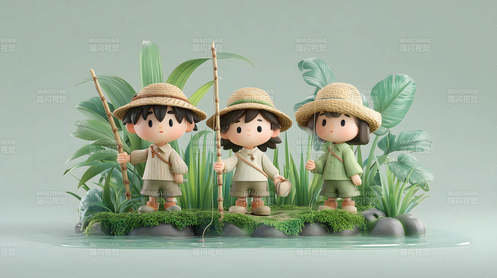 三個小釣魚的卡通人物-圖片