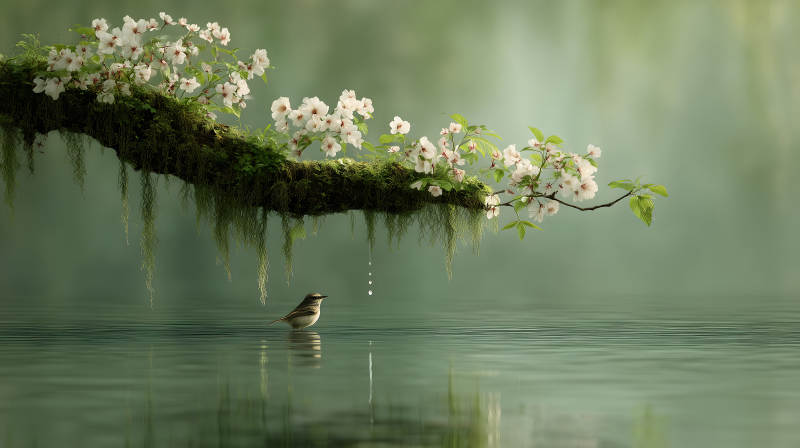 鳥(niǎo)鳴花枝水波漣漪-圖片