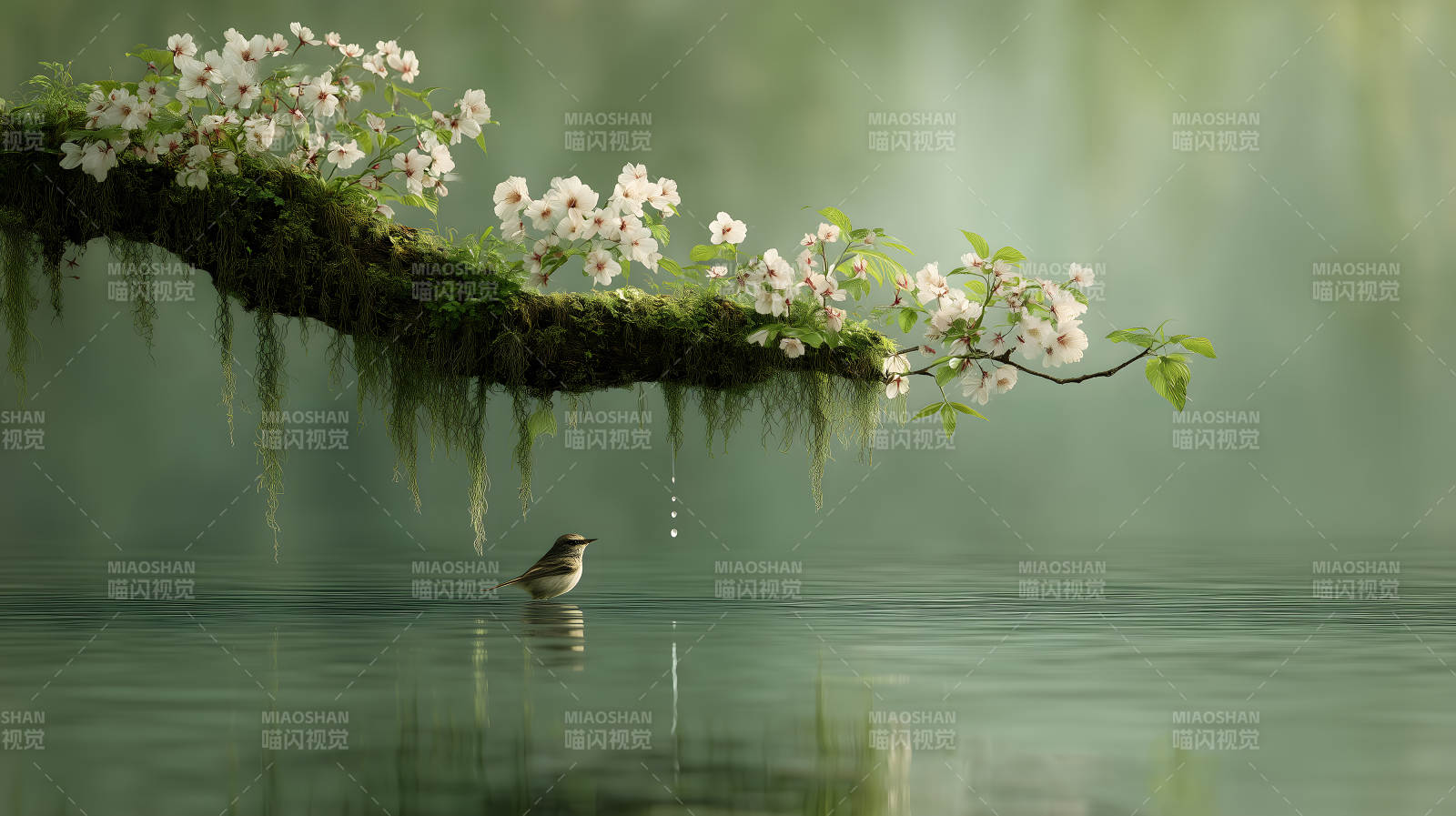 鳥鳴花枝水波漣漪-圖片