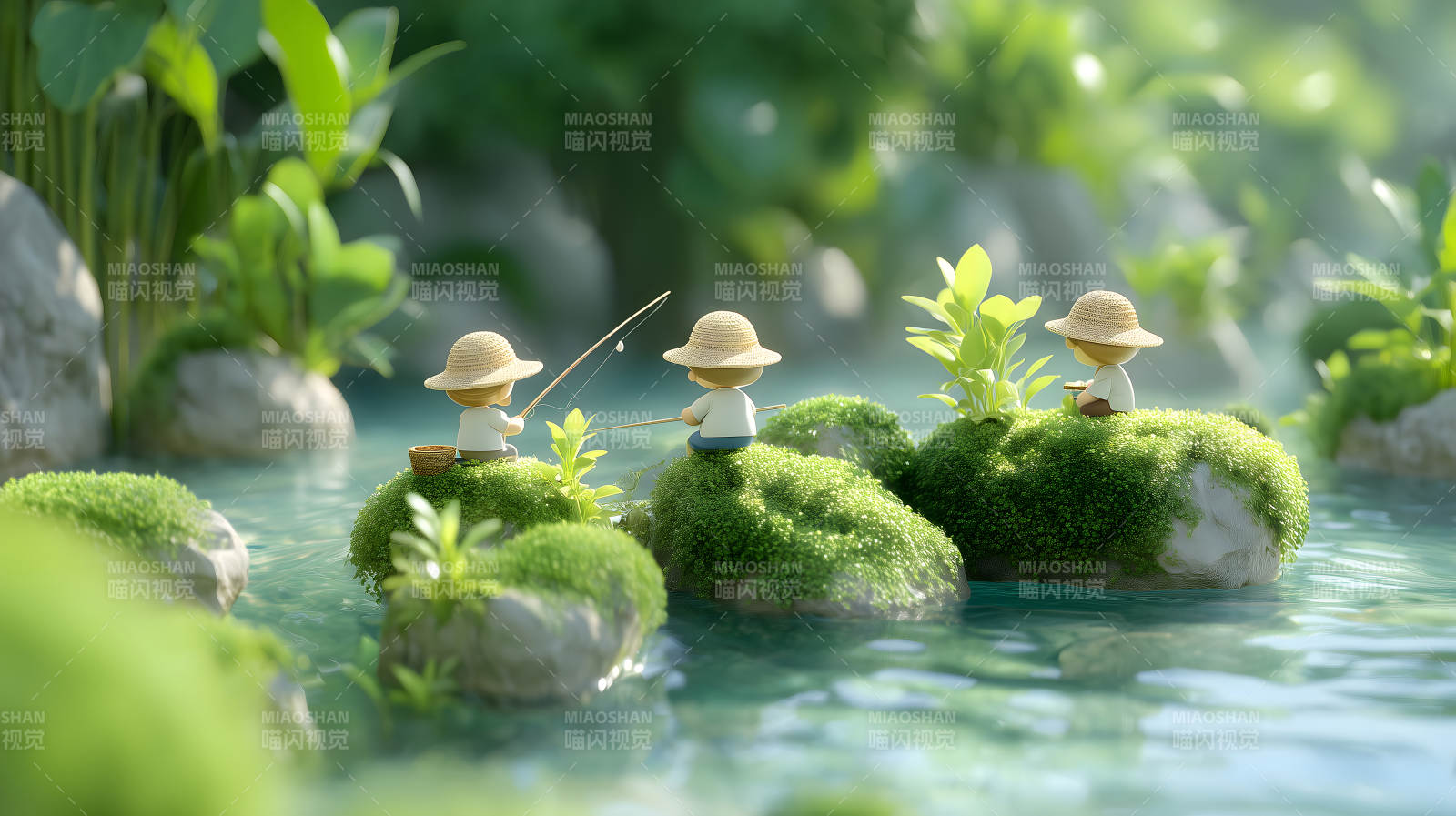 小人钓鱼水景图片