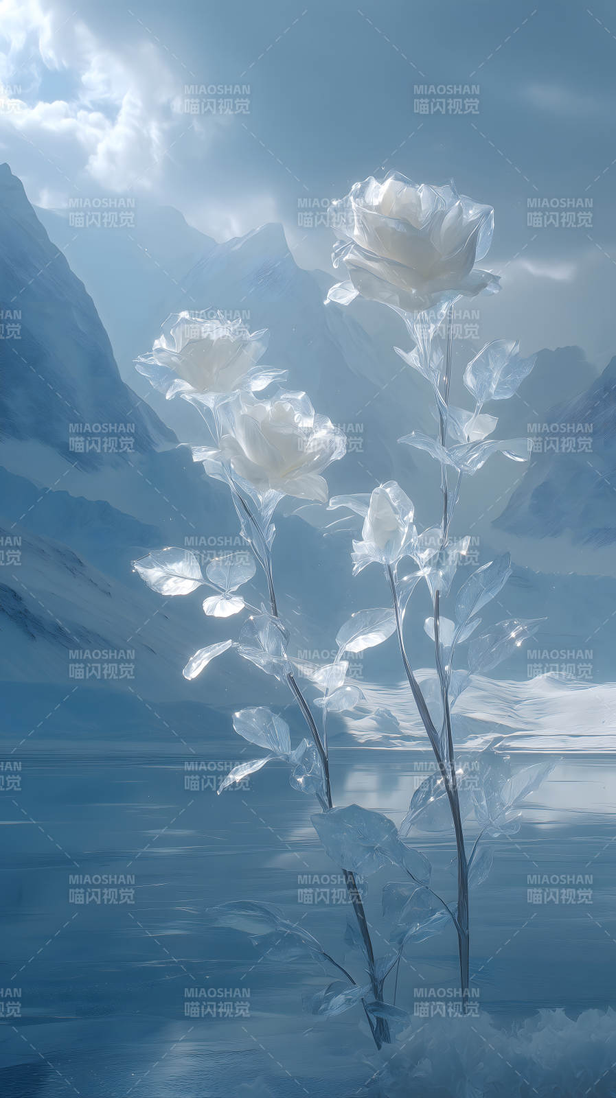 冰雪玫瑰盛開山間-圖片