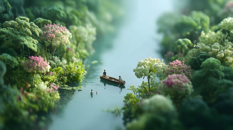 微型世界中的水上旅程-图片