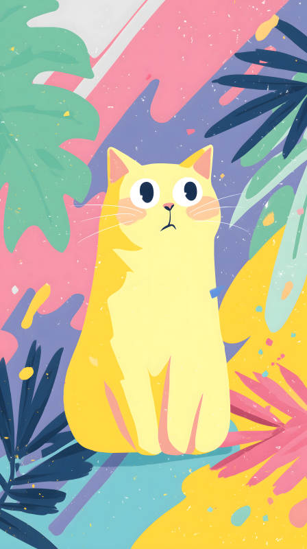 卡通猫咪与热带植物图片