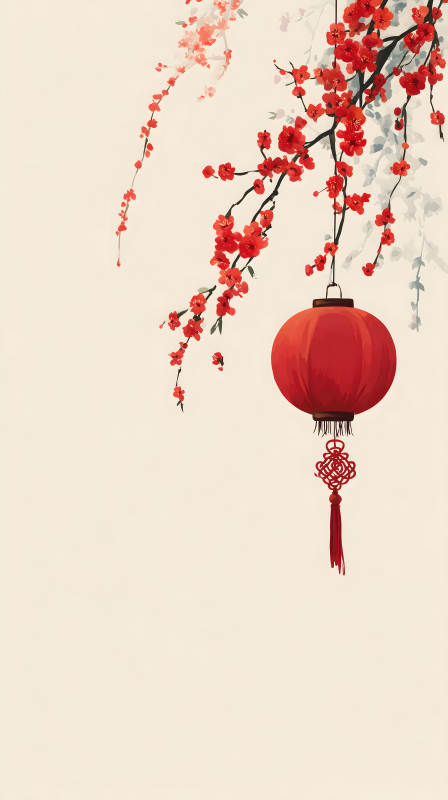 红色灯笼与梅花盛开-图片