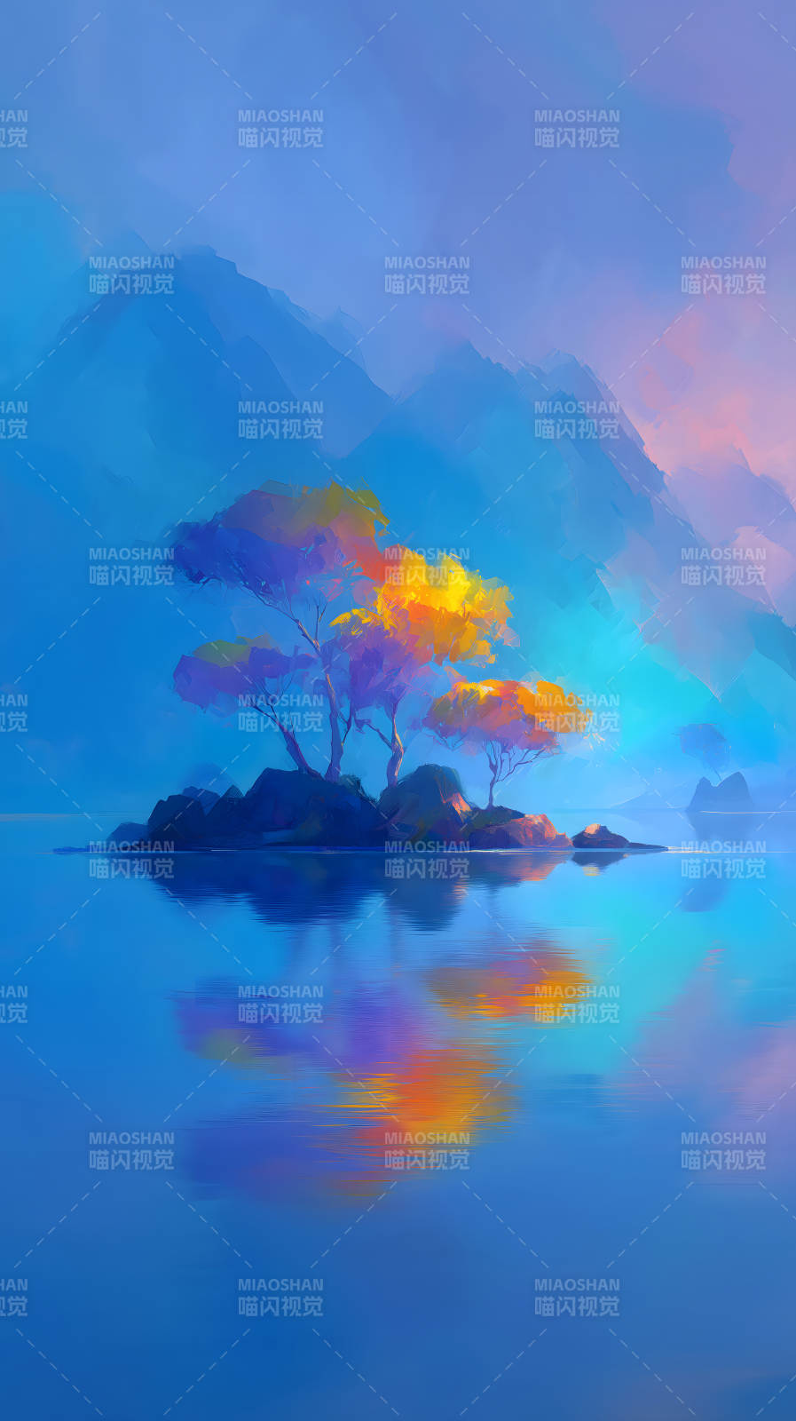 湖畔樹島唯美意境-圖片