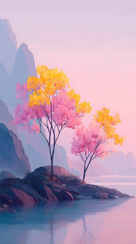 粉色黃花樹與湖水-圖片