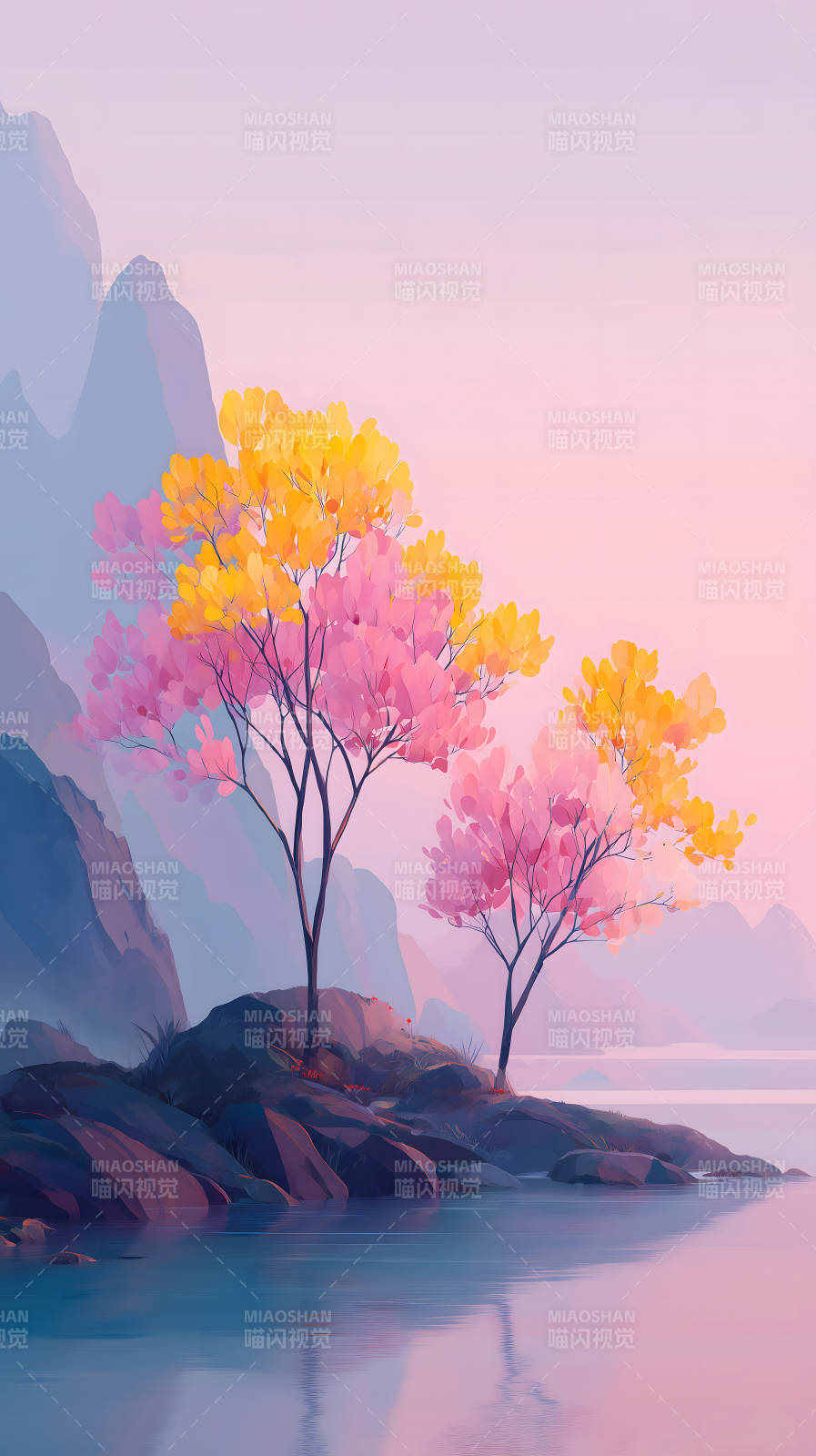 粉色黃花樹與湖水-圖片