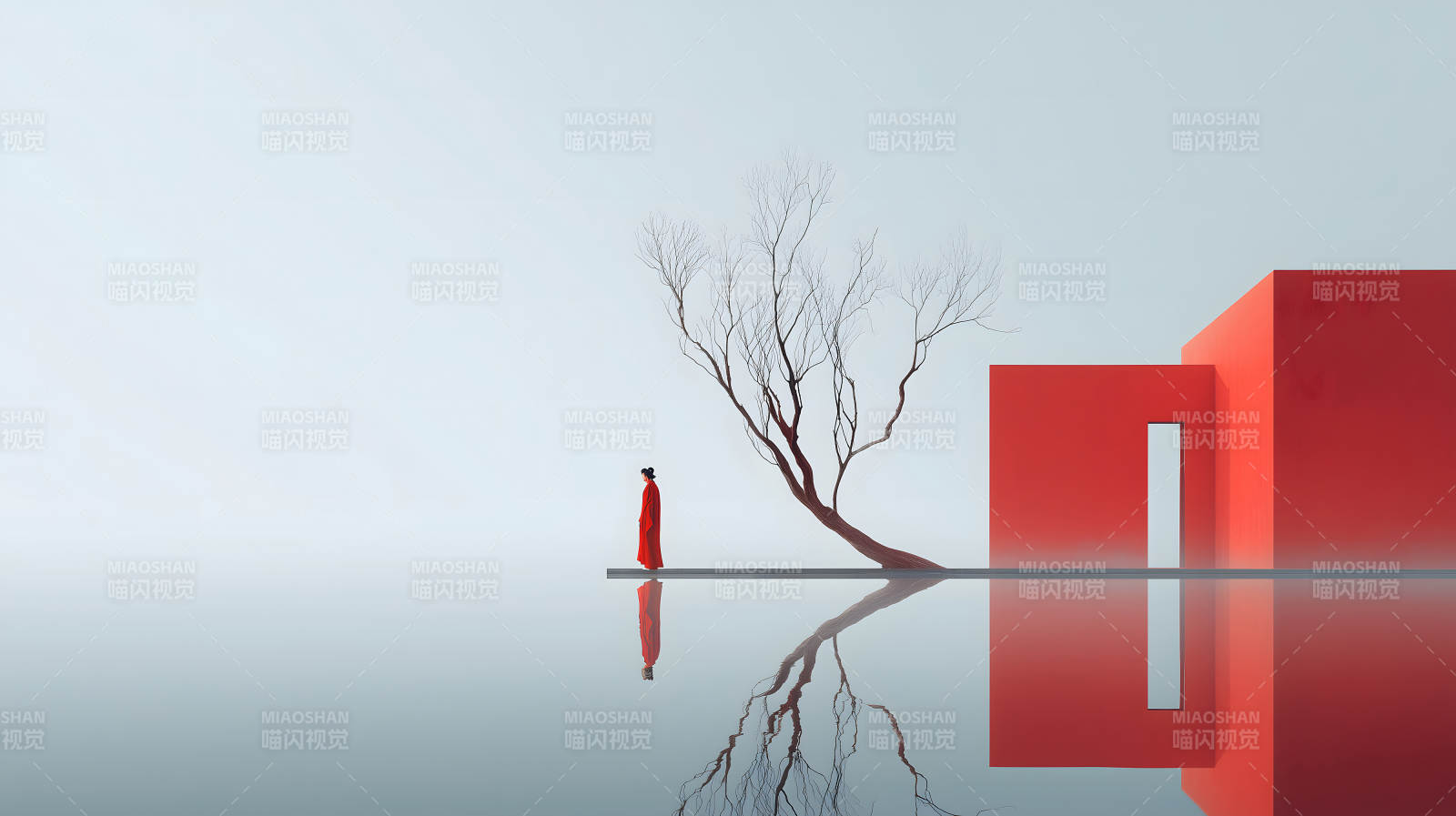 紅衣獨行水中倒影-圖片