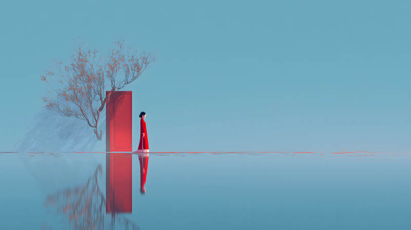 红衣女子伫立门前-图片