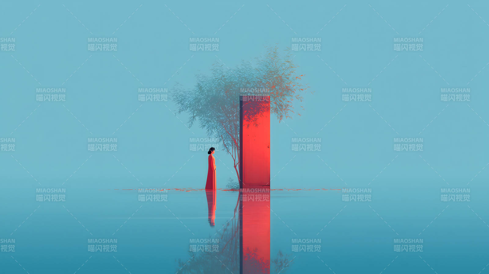 红衣女子伫立门前图片