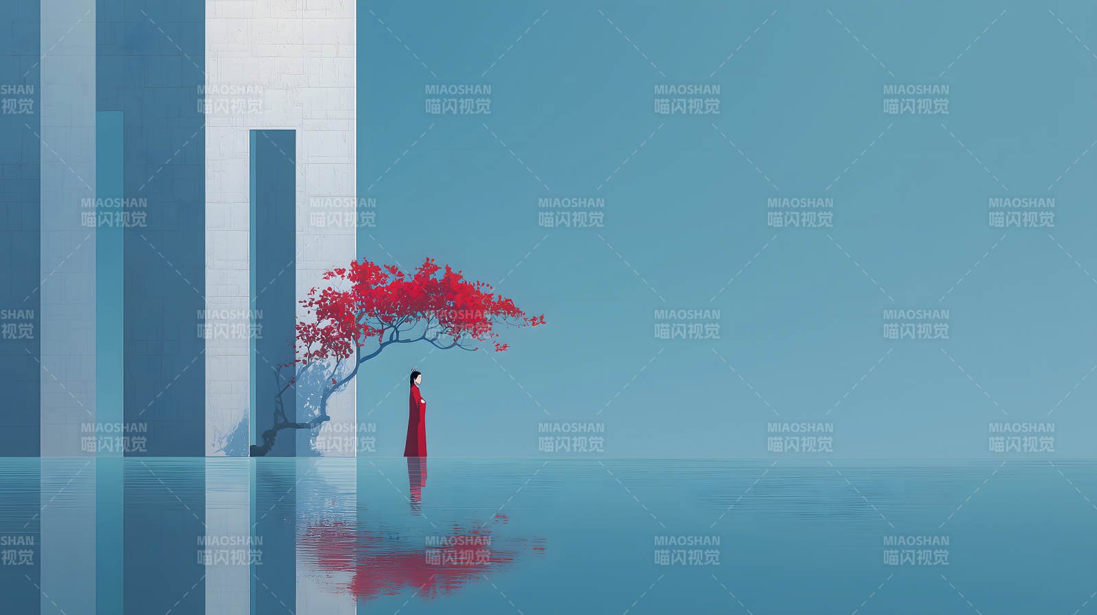 紅衣女子靜謐意境-圖片