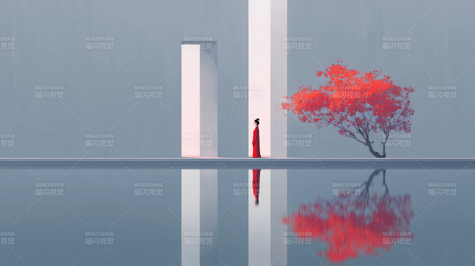 红衣女子伫立凝望图片