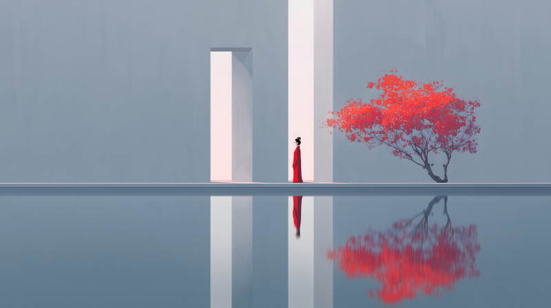 红衣女子伫立凝望-图片