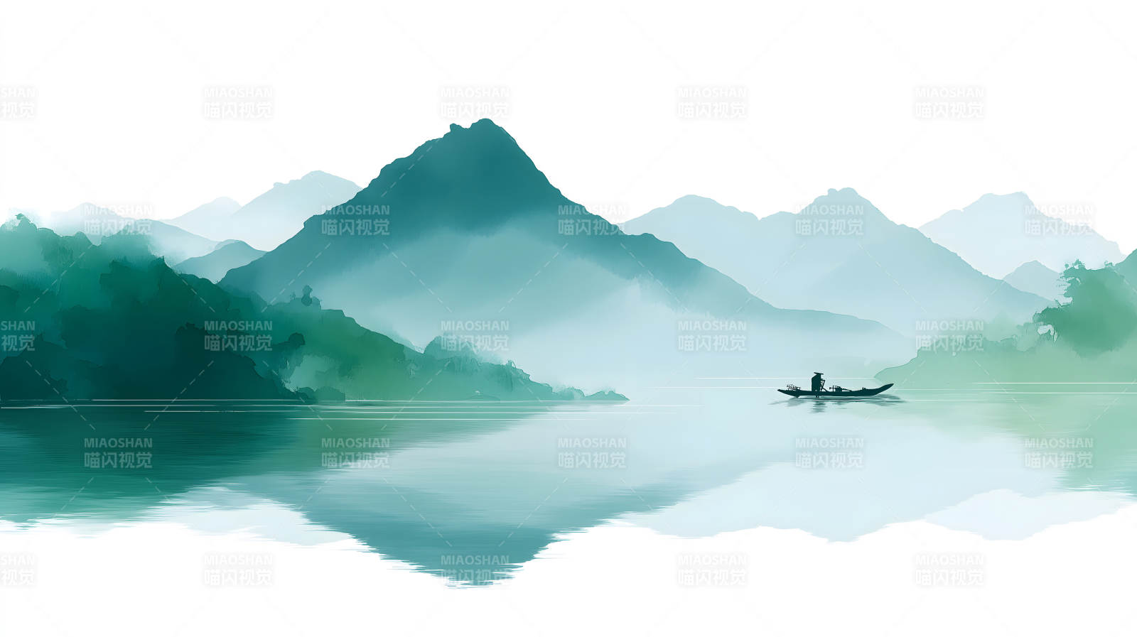 水墨山水渔舟意境-图片