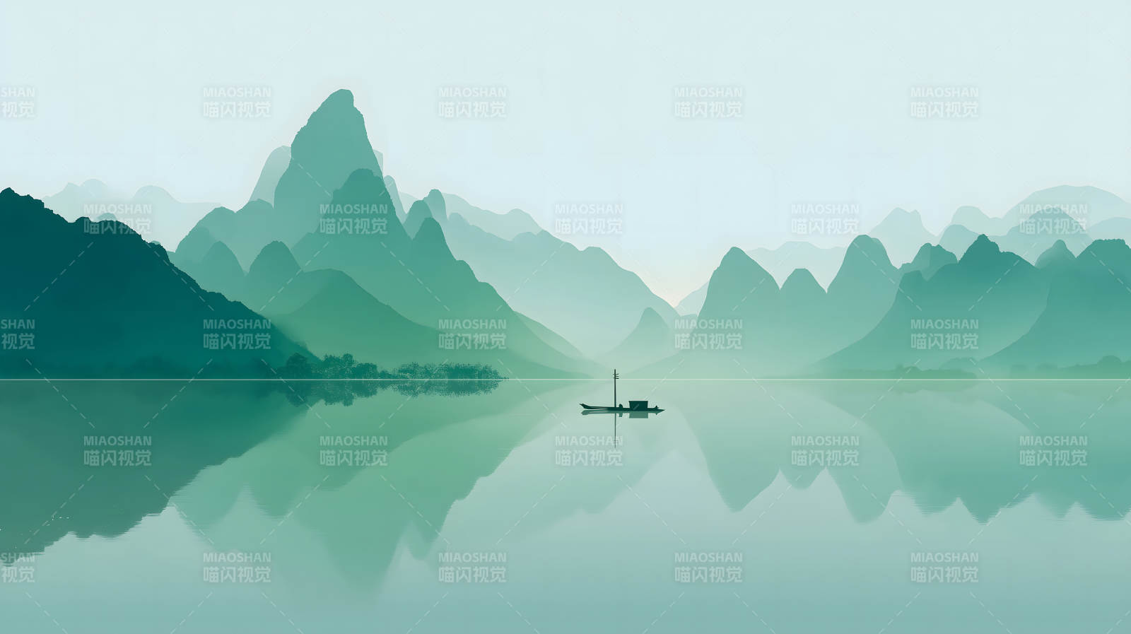 山水倒影小船图-图片